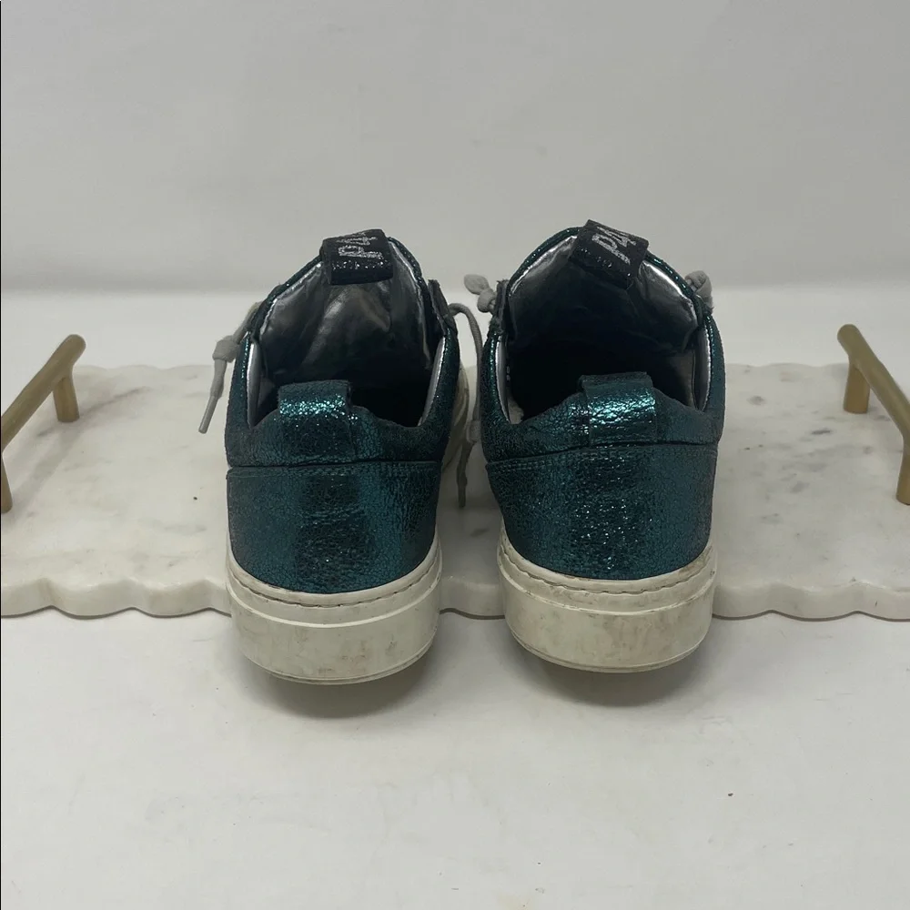 P448 Metallic Teal Snakeskin Accent Lace Sneakers Size 6